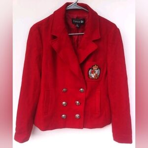 RARE!! FOREVER 21 Red Wool Crest Peacoat